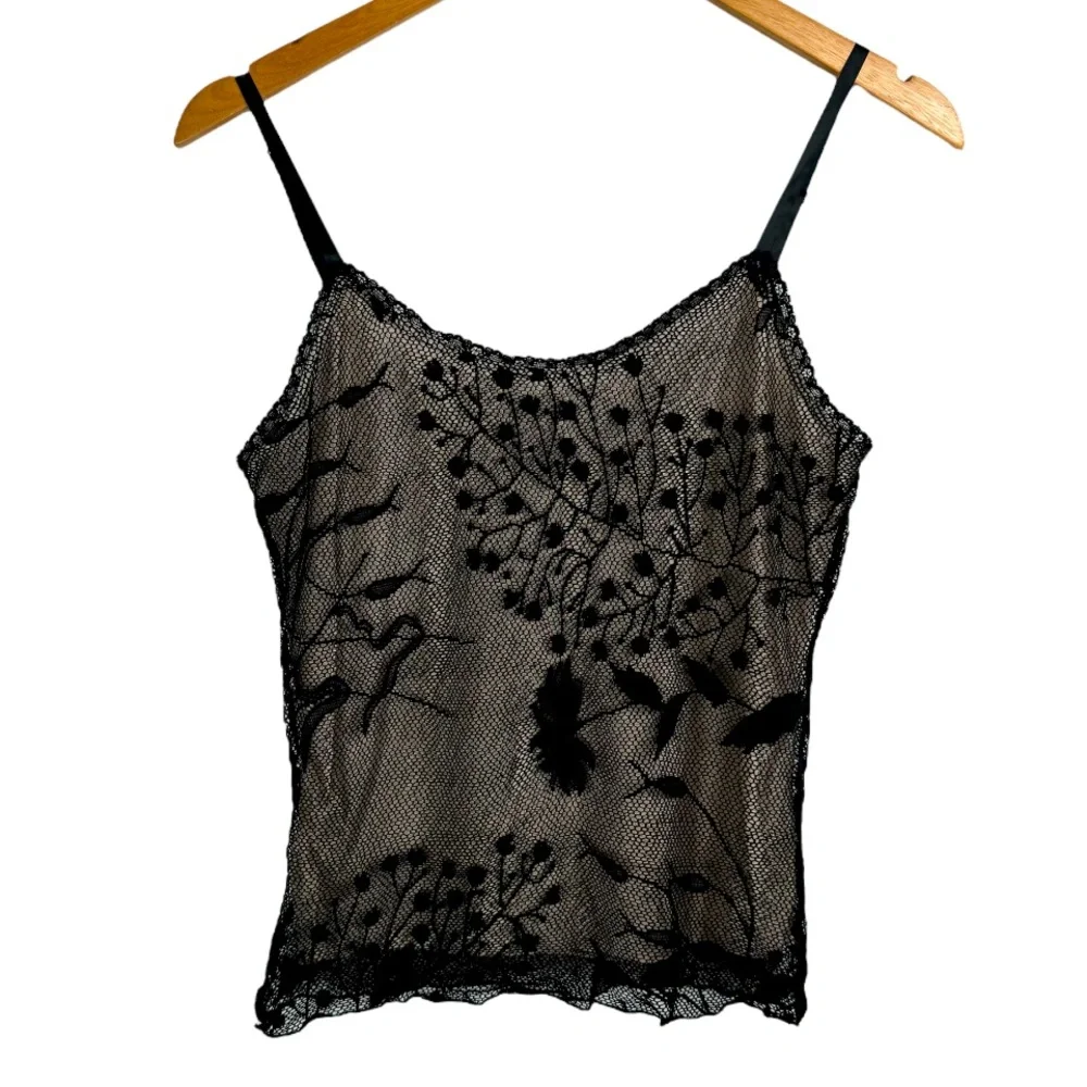 Vintage Y2K Black Lace Mesh Overlay Cami Tank Top Sz Medium - Picture 1 of 13